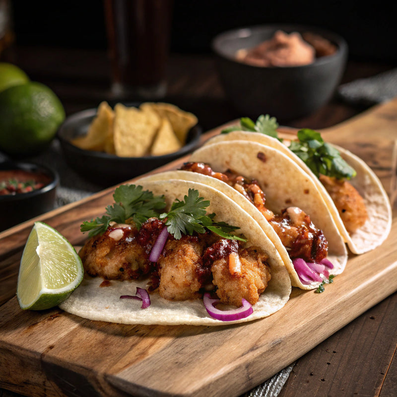 Panko-fried Shrimp Tacos with Moi Moi Sauce Crema