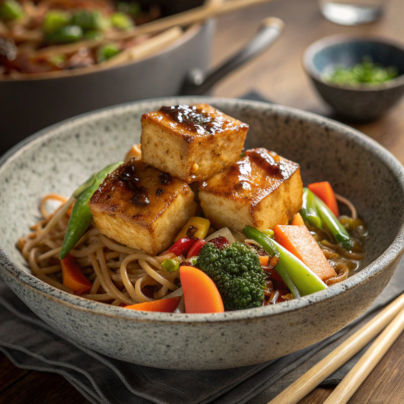 Moi Moi Sauce Glazed Tofu with Stir-Fried Noodles